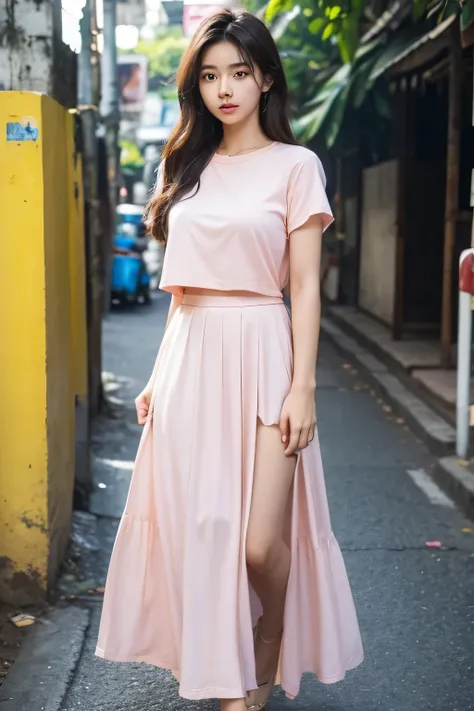 20 year old girl, Has smooth dark brown hair., Yellow skin, and wore a long blue skirt. Light pink shirt, Hold your smartphone, Walking through Thailand, beautiful, bright colors, hyper realistic photography