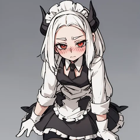 （（a cute little girl，blush，front，whole body）），maid outfit，white hair，Show forehead，black devil horns，White background，grace，