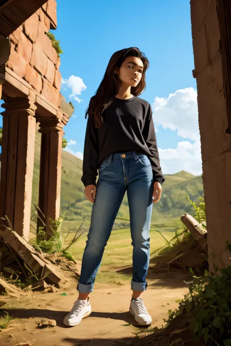 Thai Woman, look at viewer, long hair, shirt, jeans, cloud, day, sky,outdoors, post-apocalypse, ruins, scenery, tree, water,