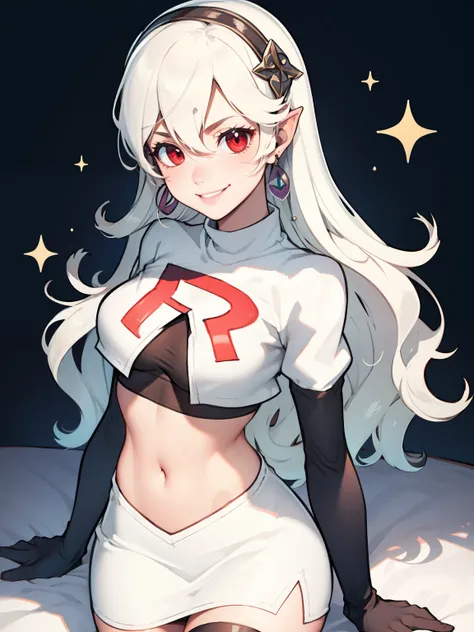 defcorrin, black hairband ,earrings, glossy lips ,team rocket uniform, red letter r, white skirt,white crop top,black thigh-high...