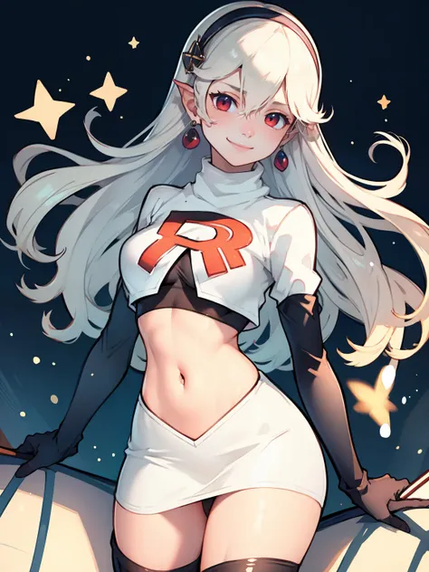 
defCorrin, black hairband ,earrings, glossy lips ,team rocket uniform, red letter R, white skirt,white crop top,black thigh-high boots, black elbow gloves, evil smile, 