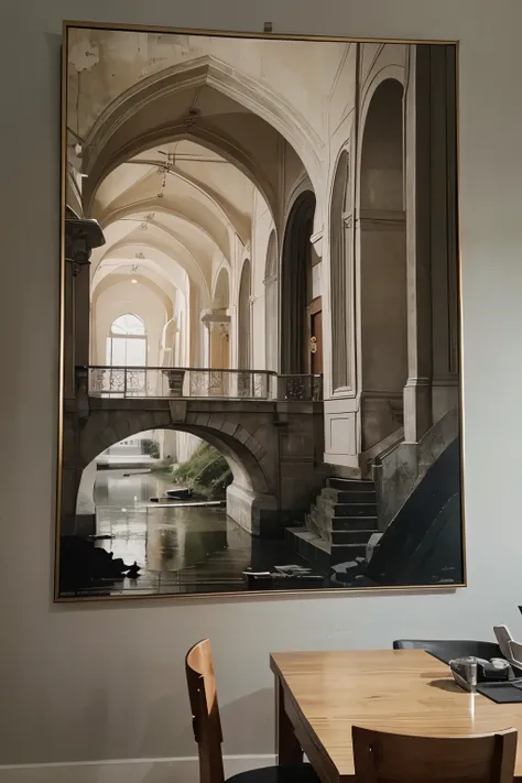 inside a painting placed on a gray wall there must be an architectural landscape like a bridge 