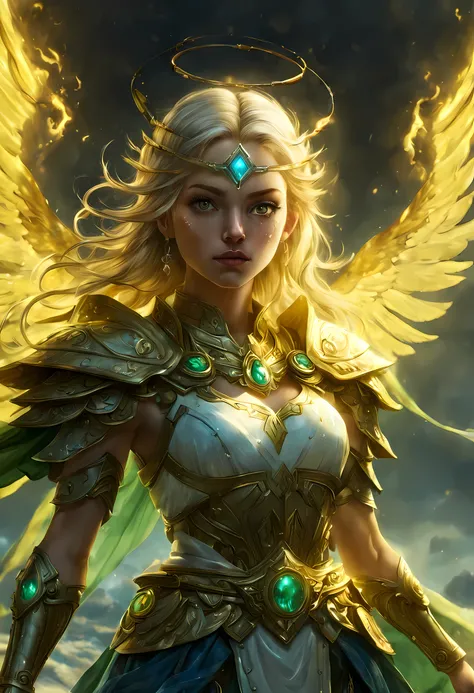 8k, ultra detailed, masterpiece, best quality, (extremely detailed), arafed, dnd art, panoramic view, full body, 1soloaasimar cleric casting a flaming spell,  aasimar, female, (Masterpiece 1.3, intense details), female, cleric, holy warrior, casting radian...