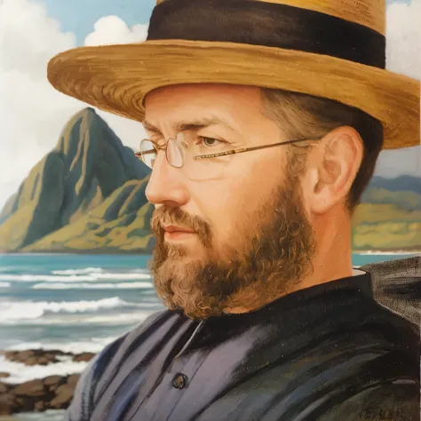 painting of a man with hat and glasses looking at the ocean, inspirado em Hugo Simberg, inspirado em Stevan Dohanos, inspirado em Juan OGorman, inspirado em Adriaen Hanneman, inspired by Théophile Steinlen, inspirado em Petrus Christus, Retrato hiper-reali...