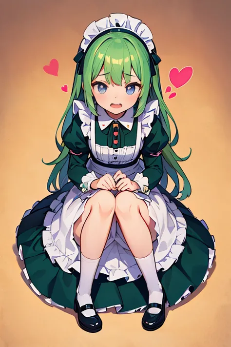 8K quality,green hair,purple eyed girl,cute ,long hair,Heartwarming,mini skirt,lolita,laughter,Thumbnail styles,Maid clothes,fluffy,looking down from above,Full body Esbian,heart background,embarrassed look