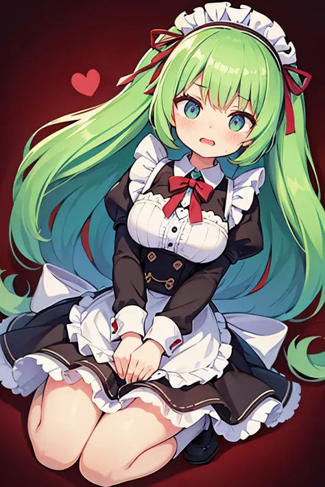 8k quality,green hair,purple eyed girl,cute ,long hair,heartwarming,mini skirt,lolita,laughter,thumbnail styles，maid clothes，flu...