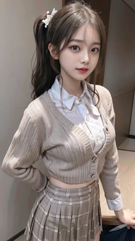 hair in ponytail,Japanese high school girls&#39; uniforms,neat clothes,Blouse with white collar,dark brown plaid long skirt,Clothes clean and wrinkle free,Daytime outdoor,dark brown bow tie,Please make your breasts smaller　Sony A7R Beautiful Japanese KPOP ...