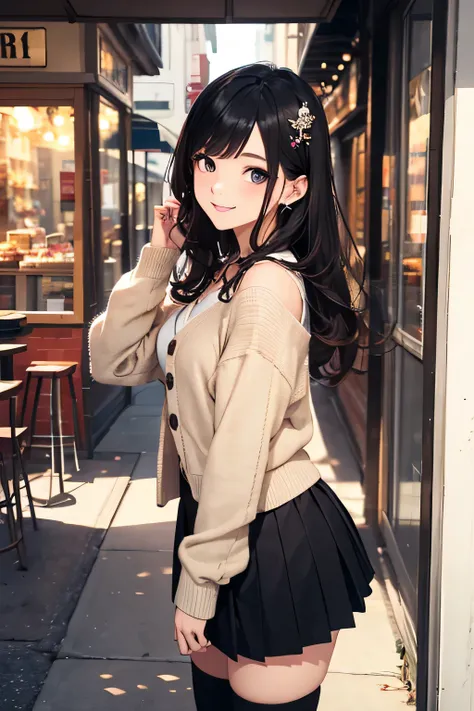 very cute and beautiful girl,Ten generations,(very detailed美しい顔と目:1.2),(white blouse),
(smile),cowboy shot,looking at the viewer,
(beige cardigan:1.2) BREAK zettai ryouiki,Brown shoulder bag,(brown boots),
dynamic pose,hair ornaments,black hair,(black plea...