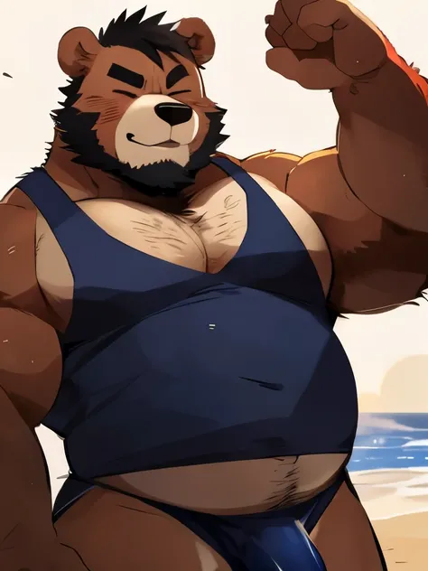 Chubby, furry,male , anthro bear, dark orange fur, cream fur, black hair, very plump, middle aged  , mouth covered mustache,Thick beard, seductive  , detailed , half body , tight tank top, lifted up, chest and belly exposed, naked, hard penis, extremely ho...