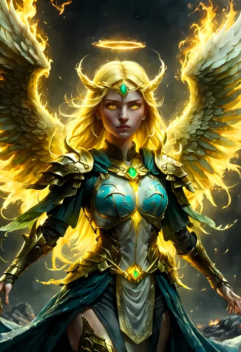 8k, ultra detailed, masterpiece, best quality, (extremely detailed), arafed, dnd art, panoramic view, full body, 1soloaasimar cleric casting a flaming spell, aasimar, female, (Masterpiece 1.3, intense details), female, cleric, holy warrior, casting radian...