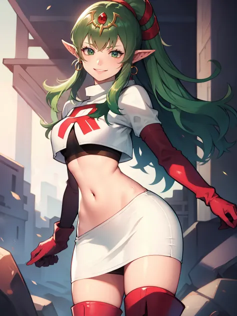 
tiki fe, pointy ears ,earrings, glossy lips ,team rocket uniform, red letter R, white skirt,white crop top,black thigh-high boots, black elbow gloves, evil smile, 