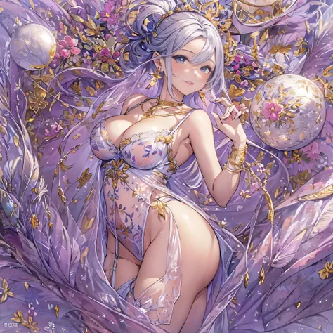 1 girl, masterpiece, very detailed, (beautiful繊細な輝き), Lens flare, gray hair, short hair, floating hair, think back, Back, smile, mature woman、sensual curves、huge breasts、thighs、bubble、お尻のmasterpiece, 最high quality, Super detailed, full body shot, mature wo...