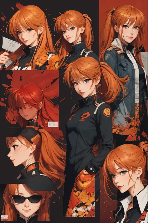 Comic portrait of Soron Asuka Langley, faint smile, Orange and red color palette, splash of emotion, . Illustration, comic book art, graphic novel art, energetic, Very detailed,((whole body)), Angular