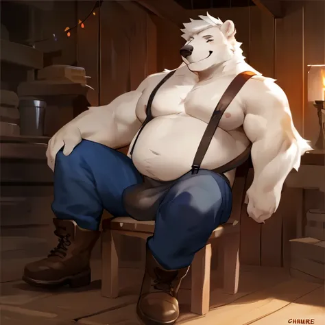 Solo, Male, polar bear, (short hair, snout), messy fur, messy hair, fat, big fat, musclechub, horny, aroused, sweating, smirking, notched ear, by Bebebebebe, by Spikes, By Darkgem, by taran fiddler, by Chunie, sitting on wooden chair, legs spread, suspende...