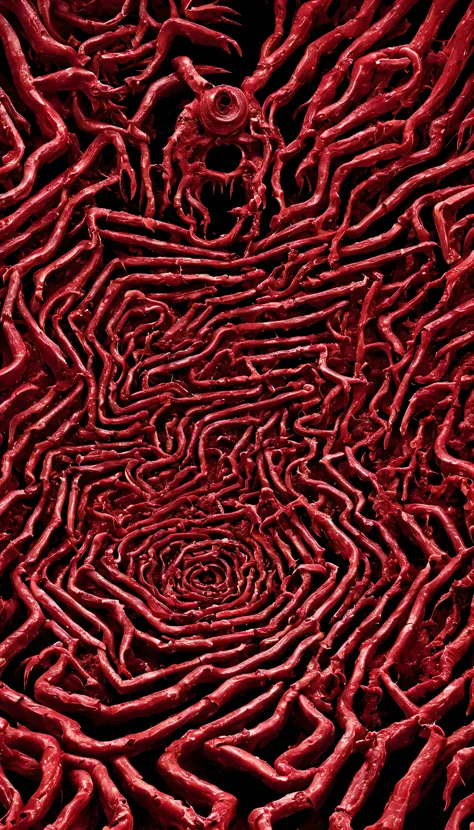 a photo of a maze with horrific butchery tools, in black and red theme