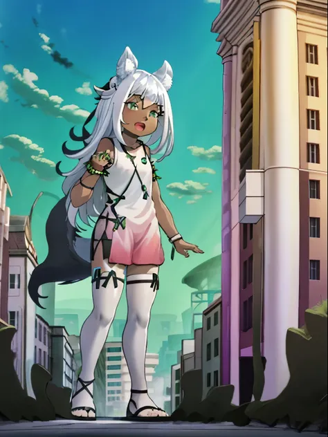 Ochette, girl, dark skin, white hair, green eyes, giantess, huge, small viewer, 70 ft tall, cute, full body, best quality, pink dress, metal bracelets, larger than buildings, flat ground, street, ground visible, black shorts, wearing shorts, adorable, kind...