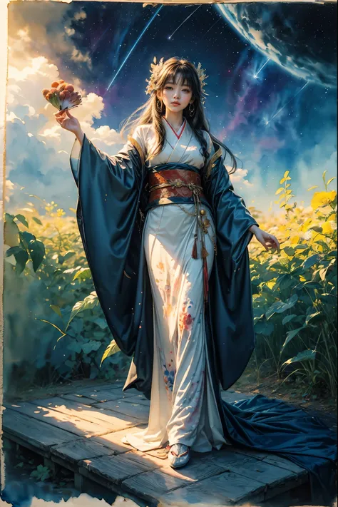 (table top, highest qualityの, highest quality, official art, (beautiful and aesthetic:1.4), (watercolor painting:1.4) ),  (Banjakuhime 1.5), Goddess of Japan mythology, Dignified beauty, Star Goddess、Goddess of the night sky、In general、((((In general))))、S...