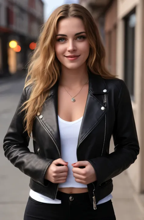 ((Стиль 90-х)), ultra detailed photo of a beautiful woman with short tousled hair, ultra detailed face, beautiful eyes without makeup, wear a leather jacket, cute sexy, I&#39;m standing on the street, she smiled weakly and bowed her head, let a strand of h...