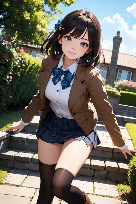 very cute and beautiful girl,(highly detailed beautiful face and eyes:1.2),(smile),cowboy shot,
(brown jacket:1.2),collared shirt,plaid bowtie BREAK detailed legs,zettai ryouiki,brown shoulder bag,brown boots,
stylish pose,dynamic angle,hair ornament,black...