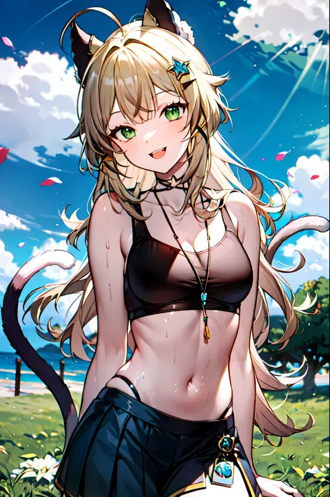 detailed, (masterpiece:1.2), (pale_skin:1.2), (solo:1.2), (female), slender, (blonde hair), outdoors, sky, bare shoulders, collarbone, smiling, grinning, teeth, green eyes, (tails), head_tilt, navel, short skirts, cat_ears, nekomimi