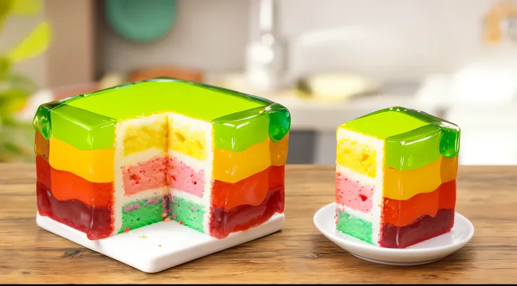 There is a cube cake made of multi-colored jelly on a wooden tabletop., cut, filling of multi-colored sponge cake and white cream, translucent jelly shell, jelly texture, Next to it is a plate with a piece of cube jelly cake, in a miniature kitchen, backgr...