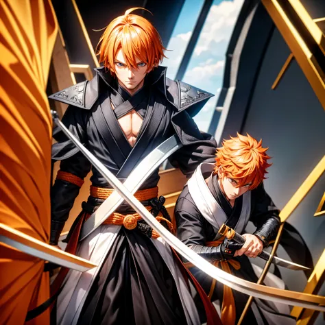 ichigo-kuroski character ((male)) , orange hair ichigo bleach style , one (( samurai)) bankai sword, black eyes , (( cute )) , o...