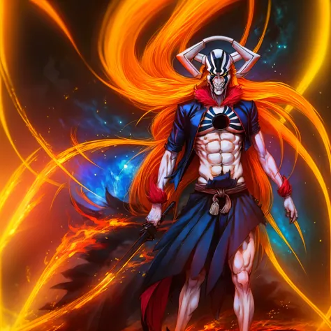 ichigo-kuroski character ((male)) , orange hair ichigo bleach style , one (( samurai)) bankai sword, black eyes , (( cute )) , o...