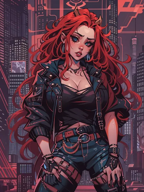 a woman with red hair wearing a black top and plaid pants, cyberpunk art, gothic art, aesthetic cute with flutter, toon aesthetic, wearing red attire, wearing gothic accessories, ((curvy body))