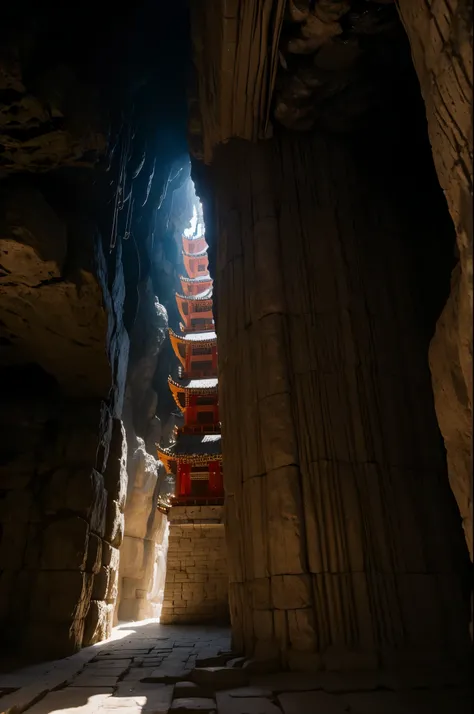 Nine-story demon tower，Chinese stone pagoda architecture，Inside the underground cave，Its corners are connected to the cave wall by chains，Many bells on the chain，There are links at every level，best quality，masterpiece，8k，High chiaroscuro