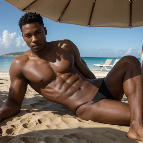 Handsome , sexy, black male on an exotic beach