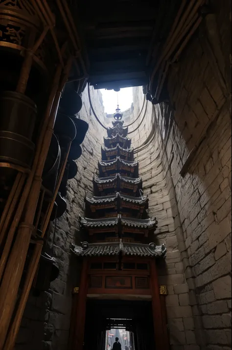 Nine-story demon tower，Chinese stone pagoda architecture，Inside the underground cave，Its corners are connected to the cave wall by chains，Many bells on the chain，There are links at every level，best quality，masterpiece，8k，High chiaroscuro