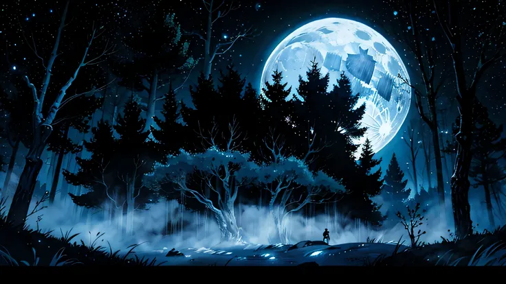 a dark and gloomy forest with dense trees and only the moonlight of the full moon invading the space