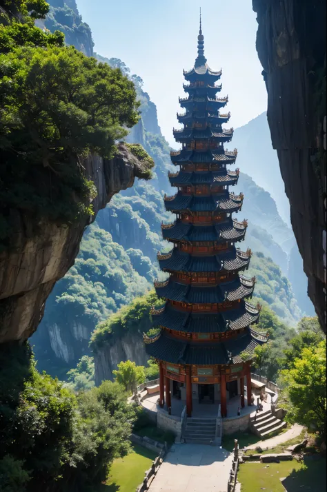 Nine-story demon tower，（Chinese stone pagoda architecture：1.5），gigantic tower，，Inside the underground cave，Its corners are connected to the cave wall by chains，Many bells on the chain，There are links at every level，best quality，masterpiece，8k，High chiarosc...