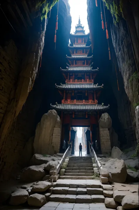 Nine-story demon tower，（Chinese stone pagoda architecture：1.5），gigantic tower，，Inside the underground cave，Its corners are connected to the cave wall by chains，Many bells on the chain，There are links at every level，best quality，masterpiece，8k，High chiarosc...