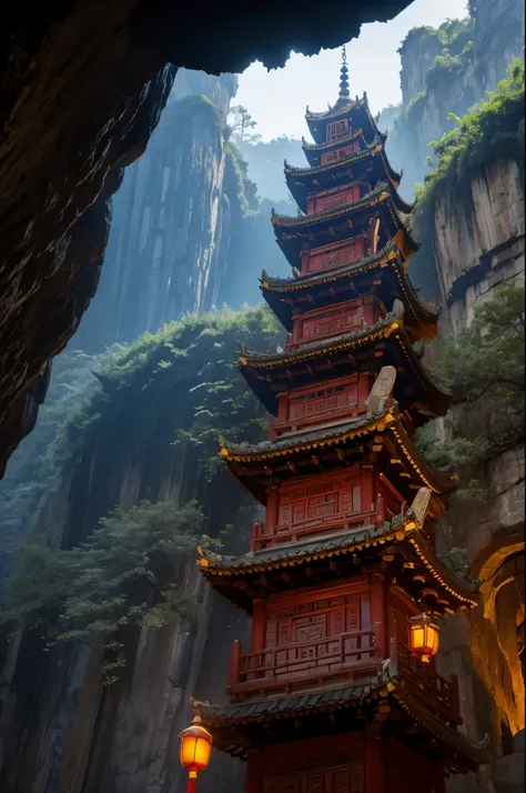 Nine-story demon tower，（Chinese stone pagoda architecture：1.5），gigantic tower，，Inside the underground cave，Its corners are connected to the cave wall by chains，Many bells on the chain，There are links at every level，best quality，masterpiece，8k，High chiarosc...