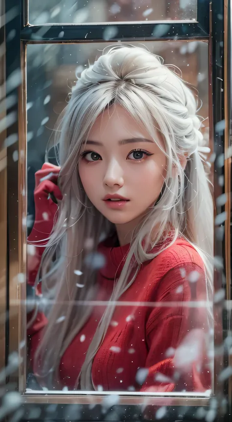 stand in front of a Christmas show window, japanese woman, red sweater, that&#39;It&#39;s snowing,Eyes sparkle, long silver hair, Depth of bounds wrthatten, f/1.8, anatomically correct, rough skin, Super detailed, advanced details, high qualthaty, Super de...