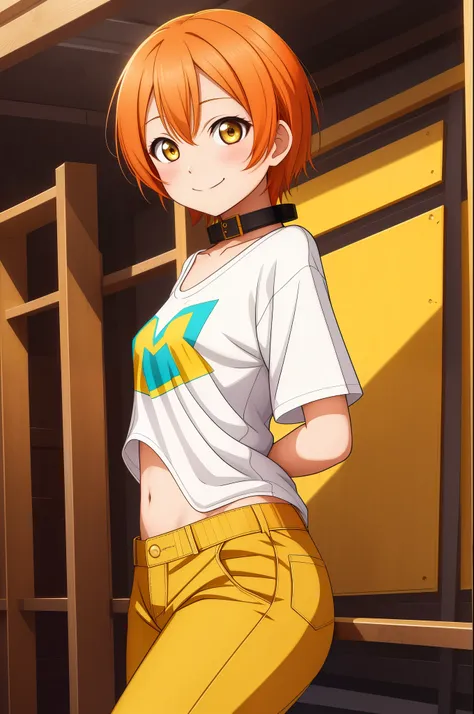 masterpiece, looking back, hoshizora rin, yellow eyes, orange hair, oversize pants, oversize shirt,navel, collar bone, cowboy sh...