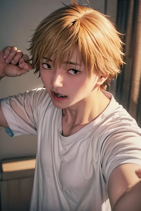 1 boy, solo, denji chainsaw man, short hair, blonde hair, lemonade pink hair, white t-shirt, male focus, looking at viewer, uppe...