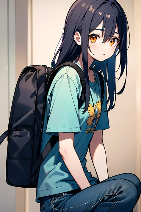 (8K Ultra High-Quality) (Masterpieces) (Image) (人物: Rimuru) 1 Girl 17years old, Long Black hair, Orange eyes colors, wearing Black T-shirt cover with another Jean Jacket, wearing Jean, background in School at Cafeteria, she carrying backpack, looking at vi...
