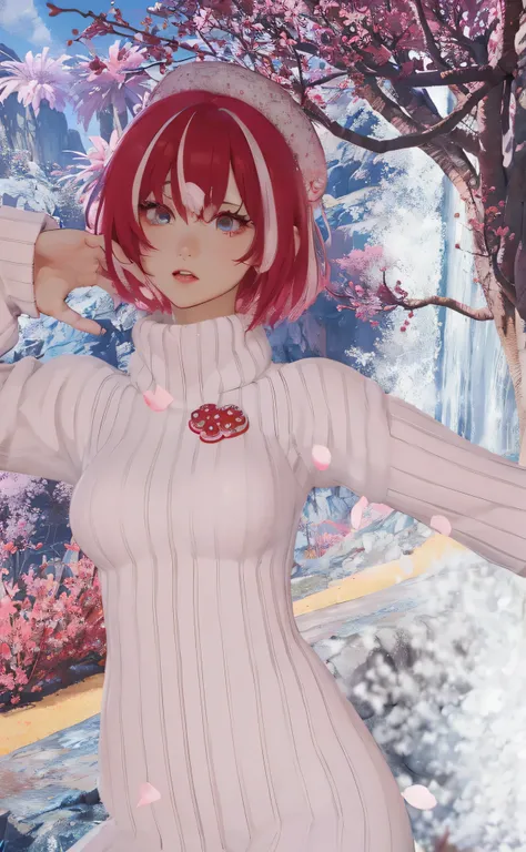 anime girl with red hair and a white sweater posing in front of a waterfall, in pink forest, seasons!! : 🌸 ☀ 🍂 ❄, sakura petals around her, sakura kinomoto, pink twintail hair and cyan eyes, in a candy forest! at night, cold as ice! 🧊, inspired by Ren Renf...