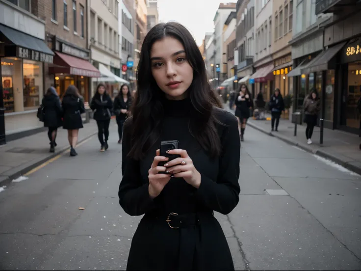 photography of a 24 years old woman, perfect face, masterpiece, street shopping, waist shot , black warm dress , winter , long black hair