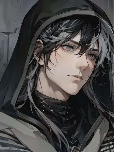 (best quality) (1 male), adult, (black hair with gray streaks), (gray eyes), hood on head, dark atmosphere, medieval theme, (dar...