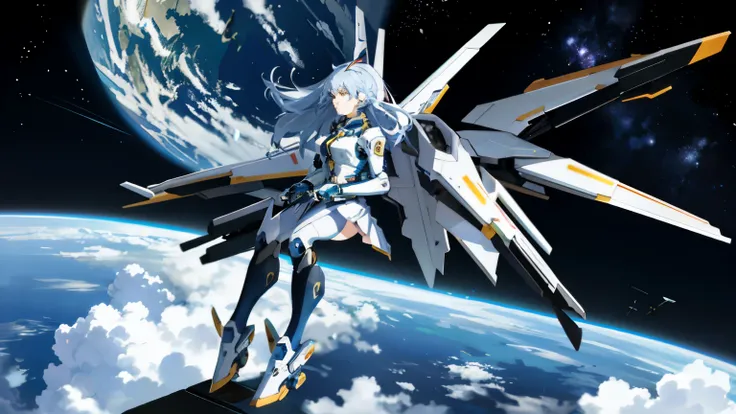 Spaceship flying over the earth with woman on the platform, anime mecha aesthetics, cyberpunk anime girl mecha, mecha aesthetics, full robot in space!! girl