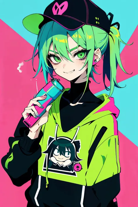 anime slim girl with a cap and a mask, thin face, holding a spray can, green messy hair, street background in neon pink and blue colors, stickers, smirk face, harley vibe, bad girl