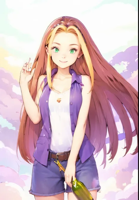 realistic picture of game character karen, female game character, harvest moon back to nature, long brown hair, with little gold...