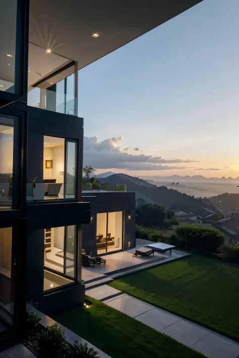 view of a futuristic villa on a hillside, big windows, luxurious style and architecture, afternoon time, beautiful garden lighting