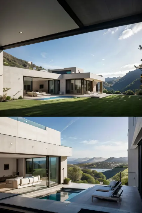 view of a futuristic villa on a hillside, big windows, luxurious style and architecture, afternoon time, livingroom view, modern luxury furniture, minimalistic