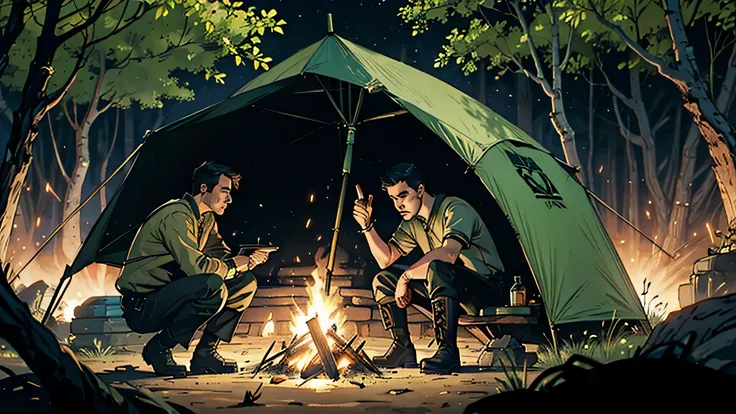 A lone man in black boots and pants, dark green long shirt in front of his green tent in a pitch black night forest with dense trees and a lit bonfire that is going out.
