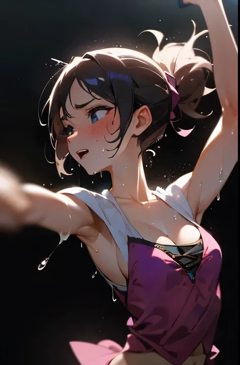 The face and upper body of a sweaty young dancer girl who keeps dancing with all her might while panting heavily.,A small cleavage glistening with sweat,Drenched with large drops of sweat