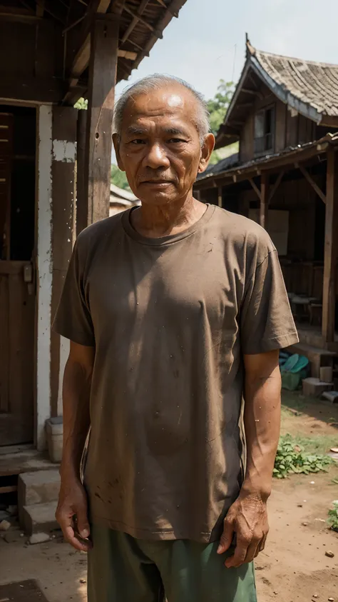 Generate a half-length image of an elderly Thai man with a face slightly stained with clay, wearing a slightly worn-out t-shirt. He gazes straight ahead, standing in front of an old wooden house, creating a realistic portrayal.